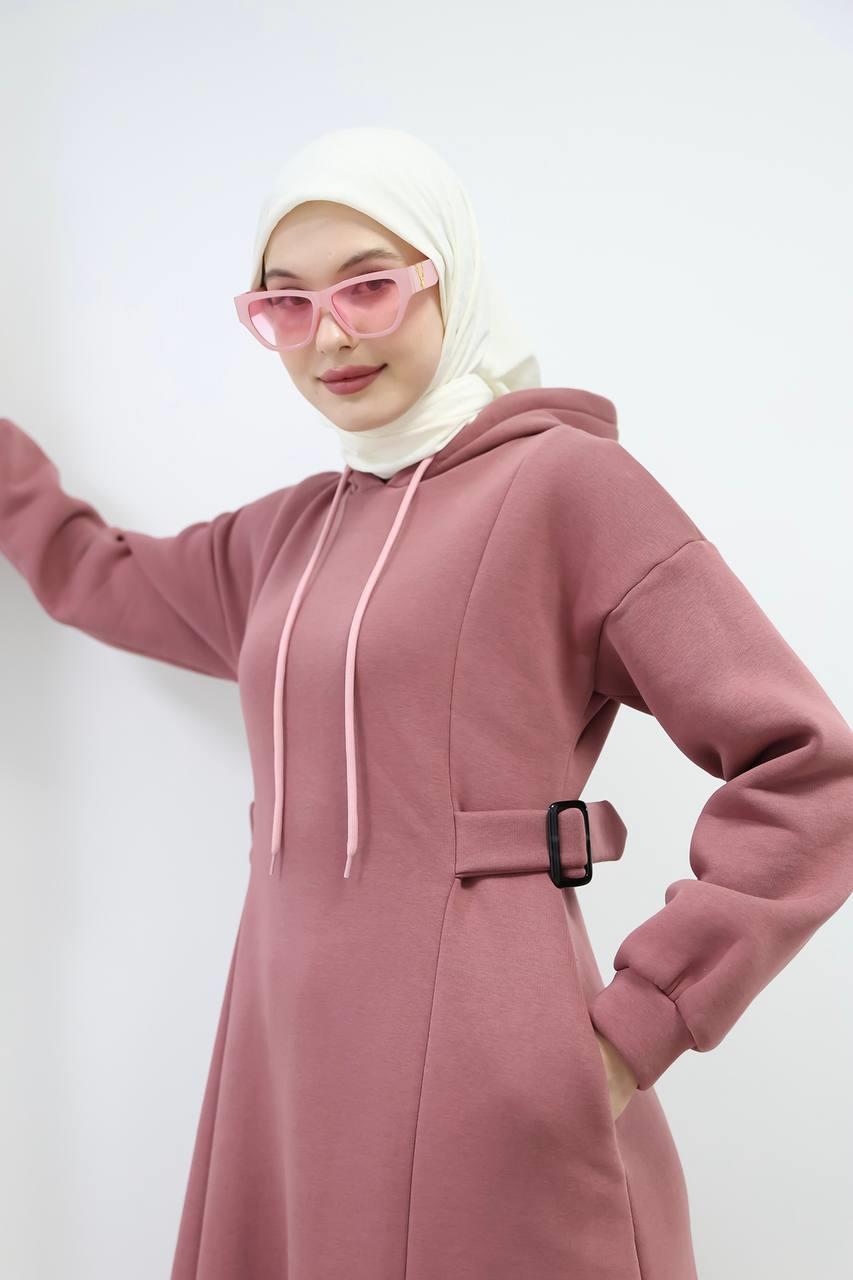 6021 Üç İplik Kapüşonlu Elbise - Pembe 