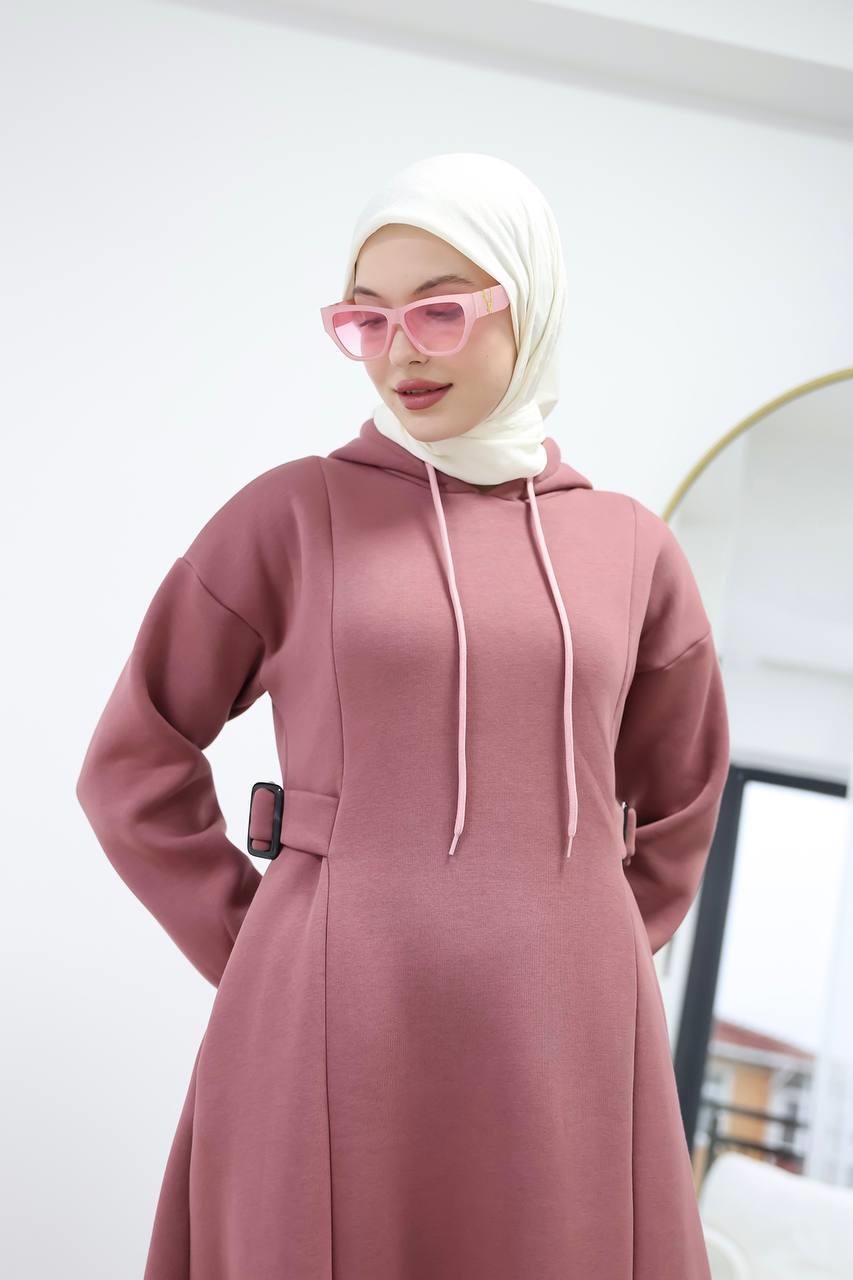 6021 Üç İplik Kapüşonlu Elbise - Pembe 