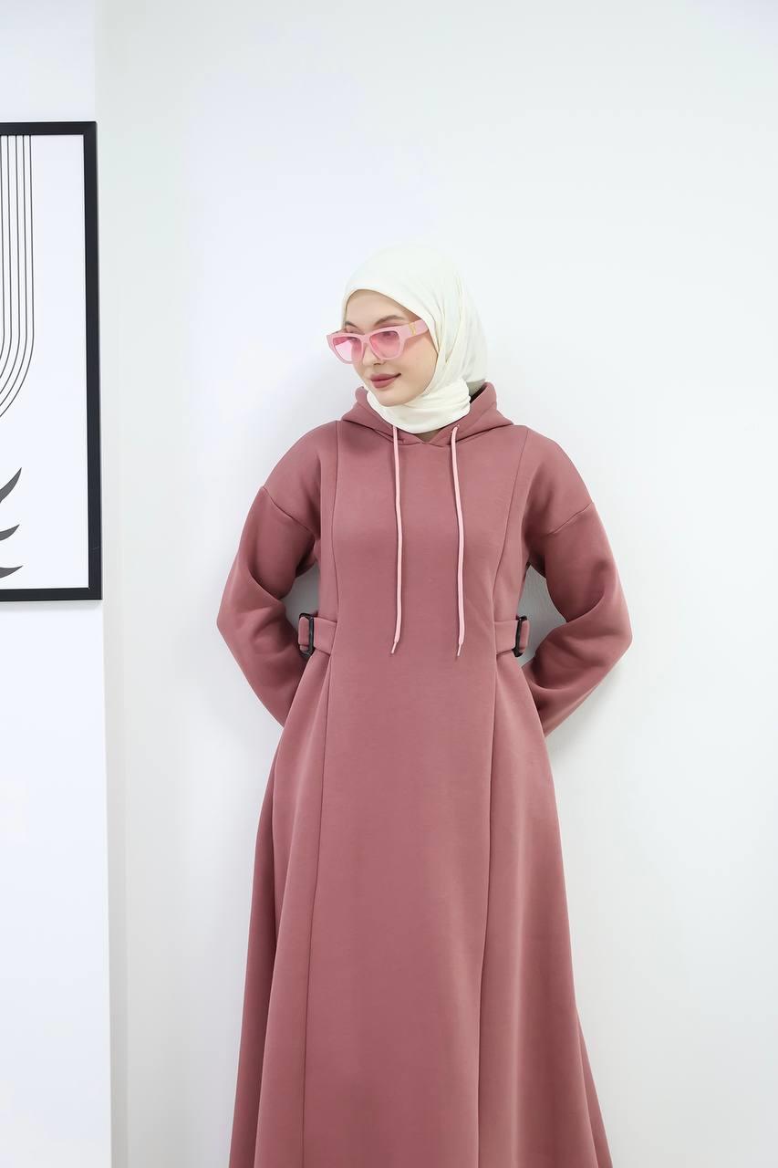 6021 Üç İplik Kapüşonlu Elbise - Pembe 