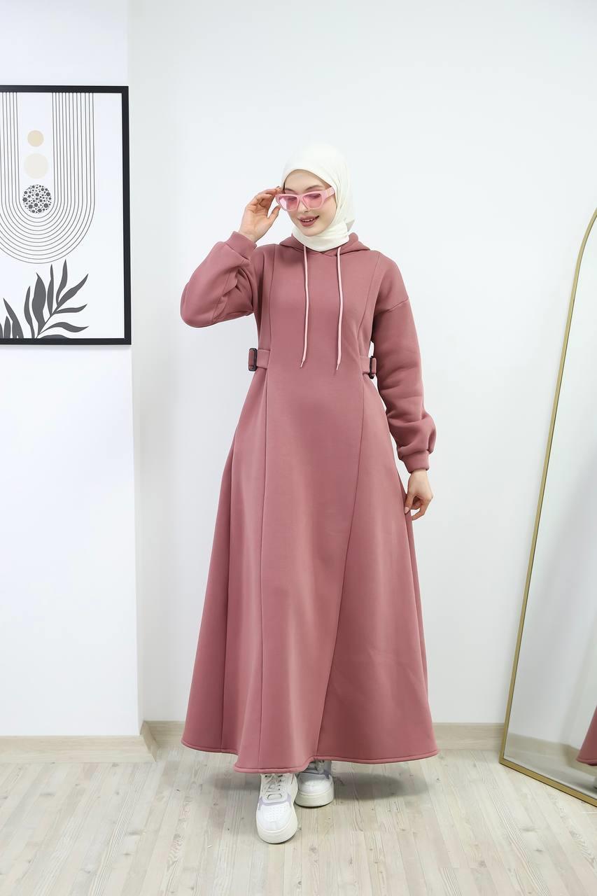 6021 Üç İplik Kapüşonlu Elbise - Pembe 