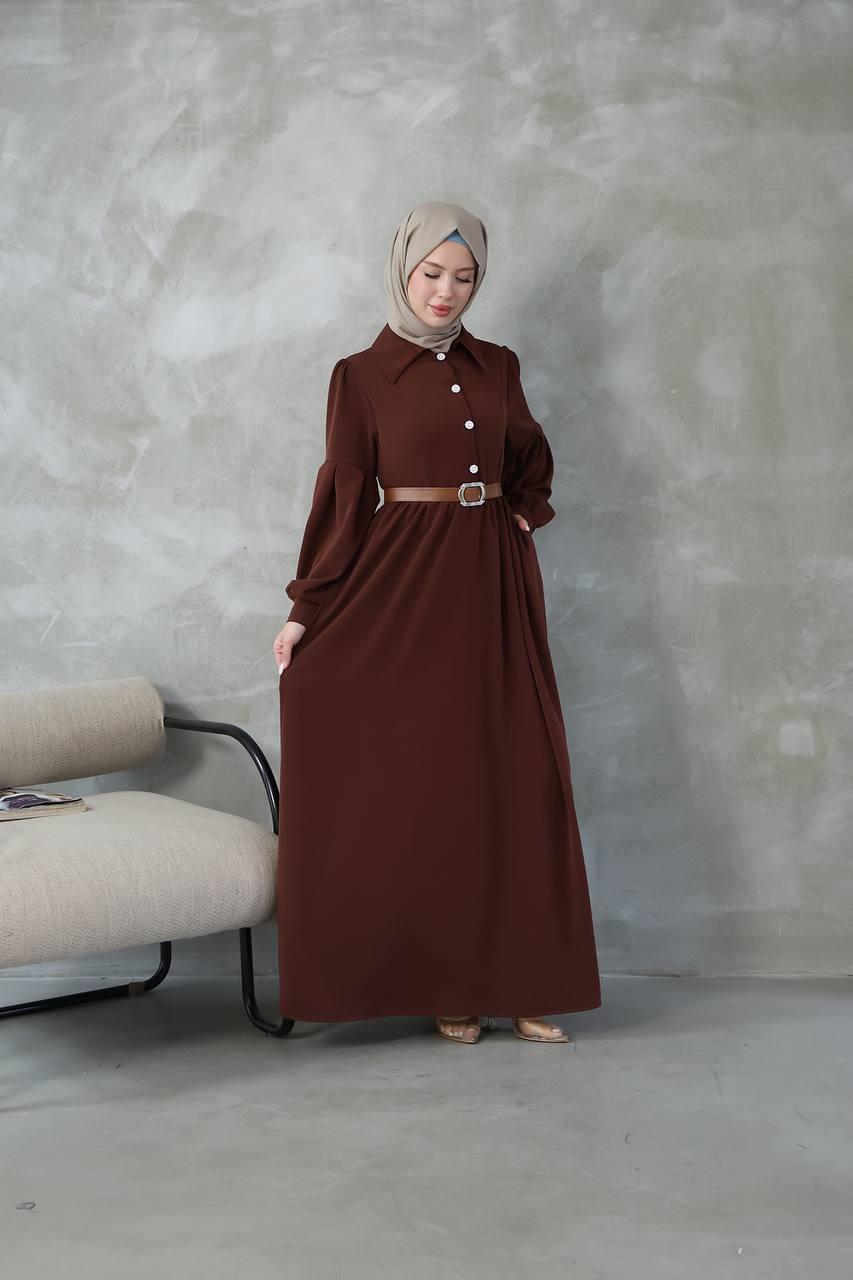7004 Deri Kemerli Elbise - Kahverengi 