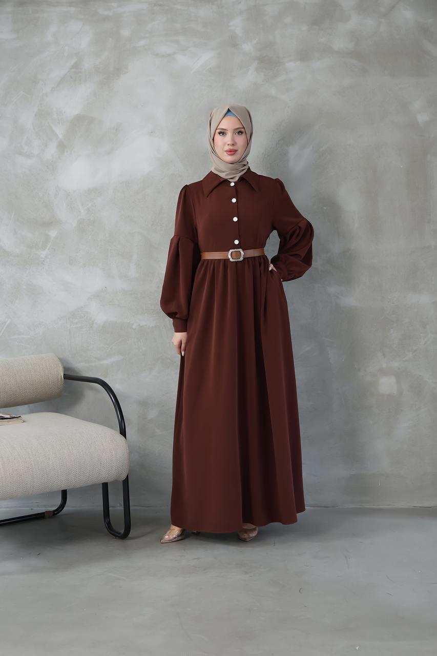 7004 Deri Kemerli Elbise - Kahverengi 