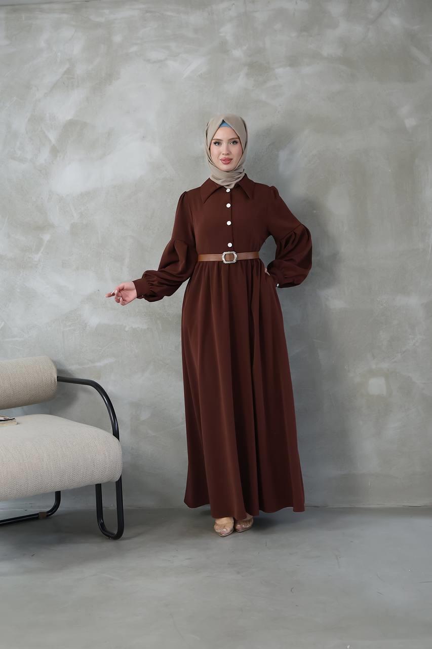 7004 Deri Kemerli Elbise - Kahverengi 