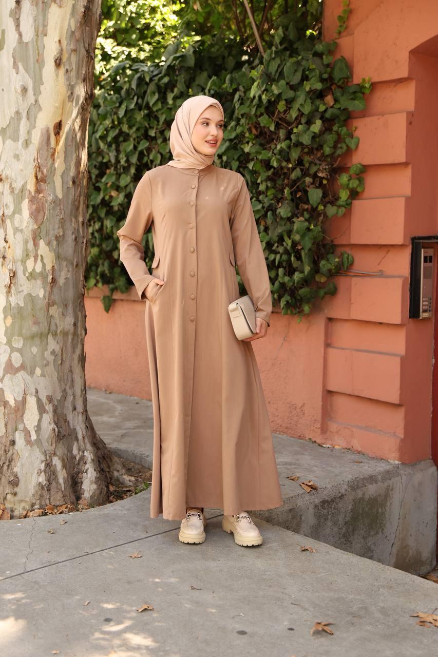 7010 Düğme ve Cep Detaylı Elbise - Bej