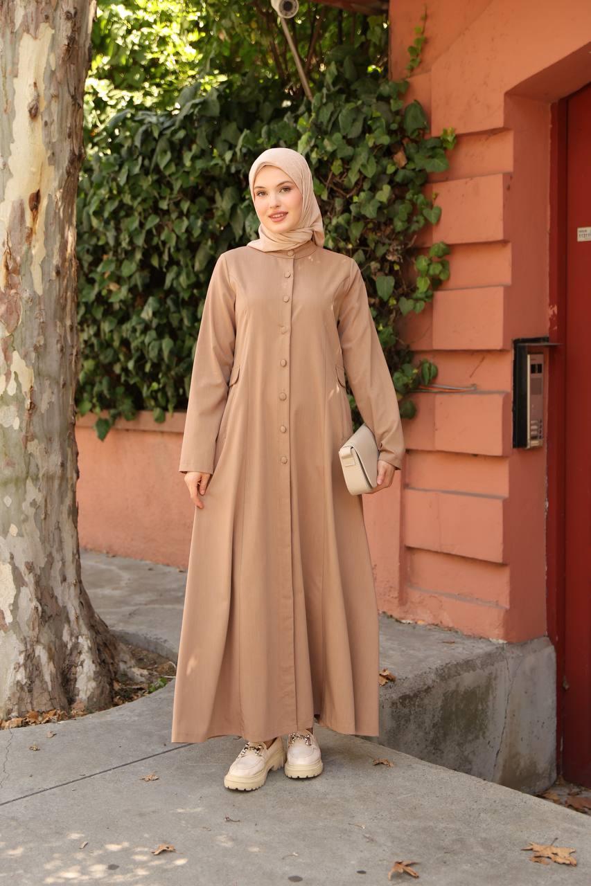 7010 Düğme ve Cep Detaylı Elbise - Bej