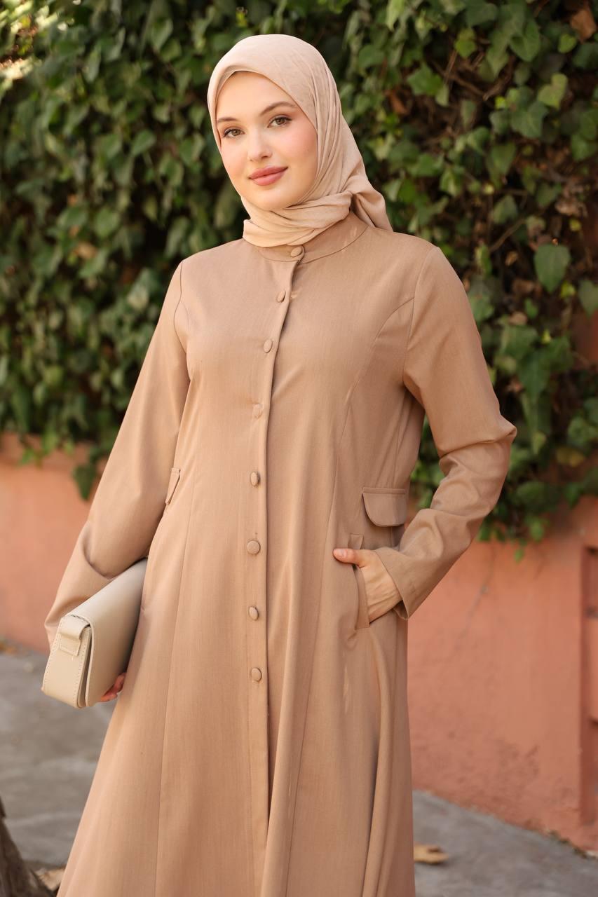 7010 Düğme ve Cep Detaylı Elbise - Bej