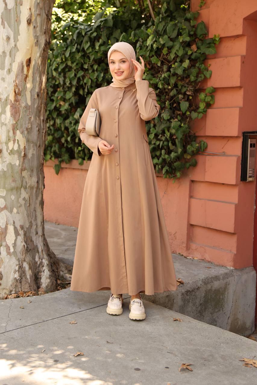 7010 Düğme ve Cep Detaylı Elbise - Bej