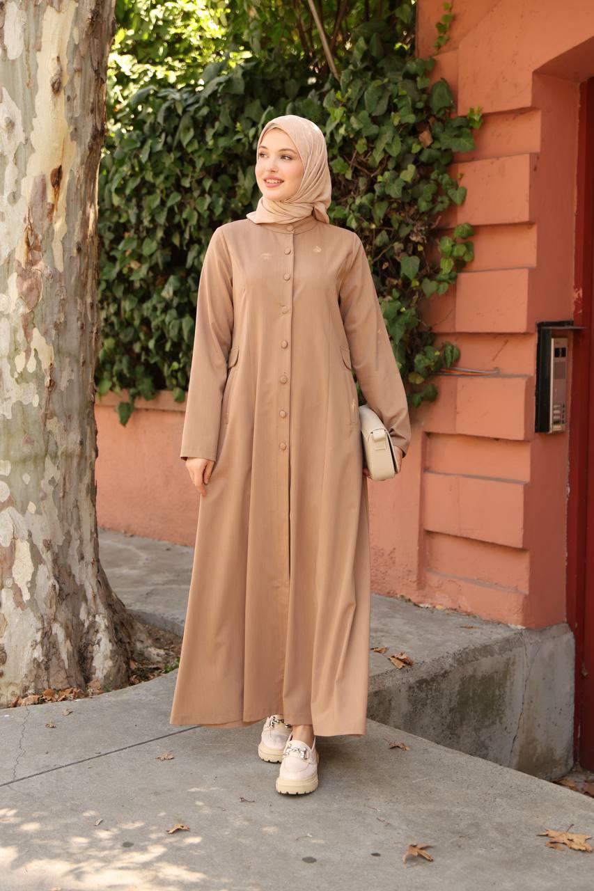 7010 Düğme ve Cep Detaylı Elbise - Bej