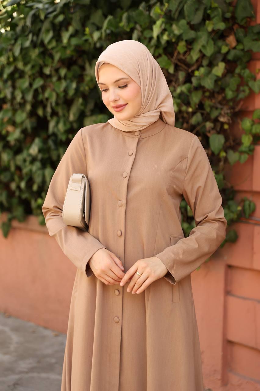 7010 Düğme ve Cep Detaylı Elbise - Bej