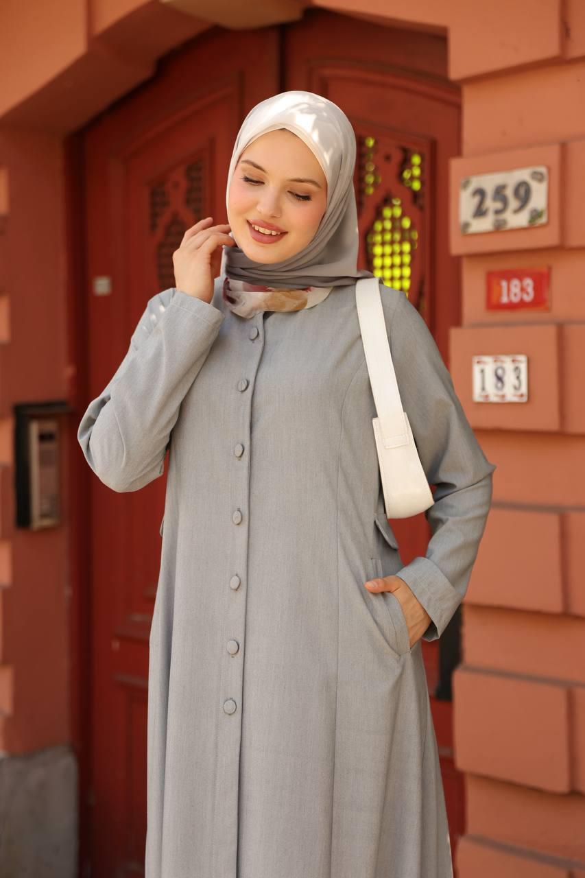 7010 Düğme ve Cep Detaylı Elbise - Gri