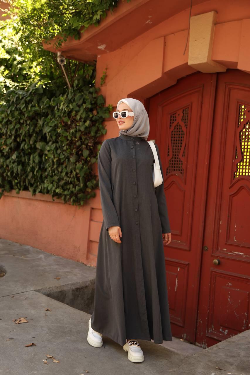 7010 Düğme ve Cep Detaylı Elbise - Koyu Gri