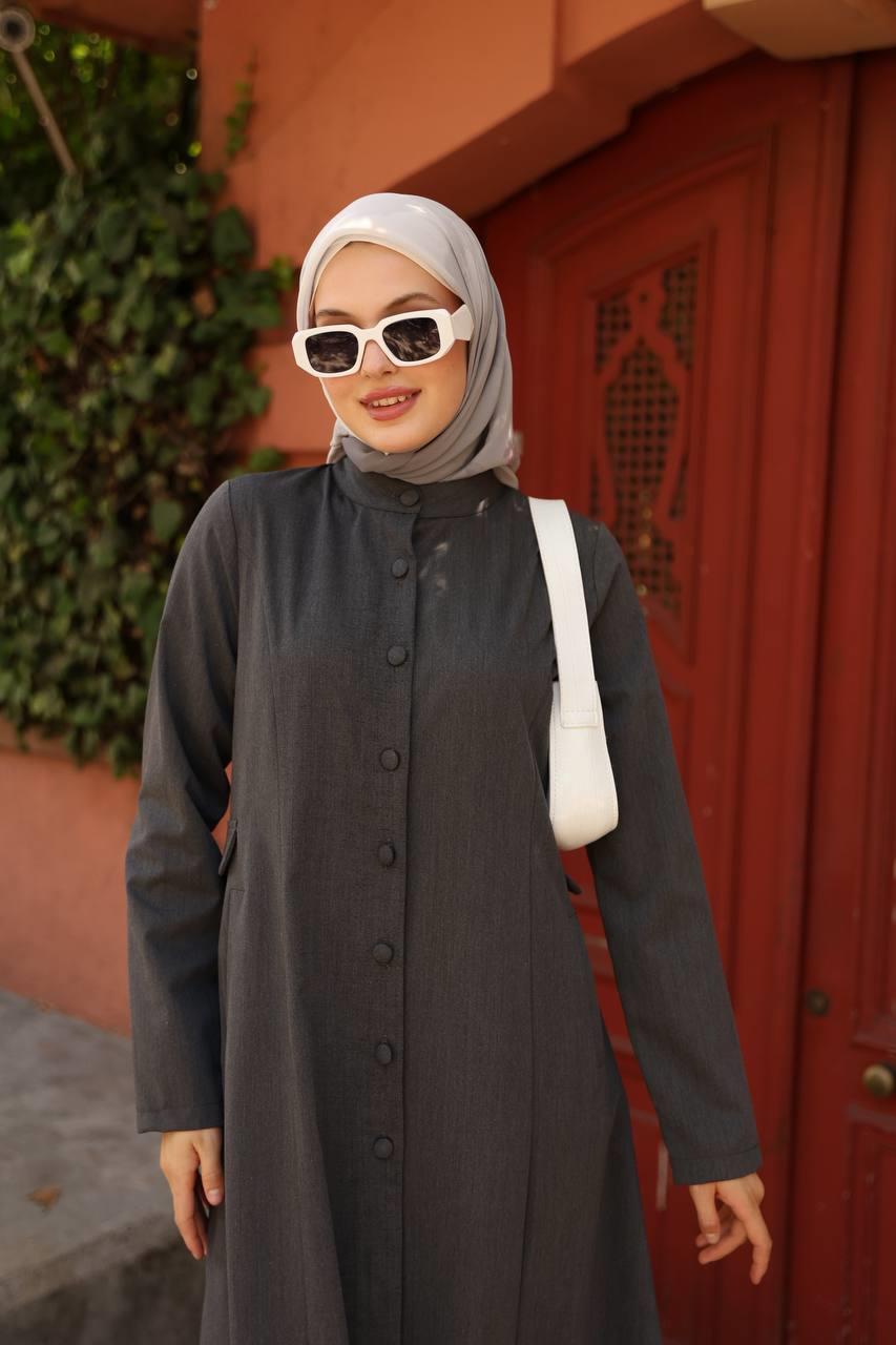 7010 Düğme ve Cep Detaylı Elbise - Koyu Gri