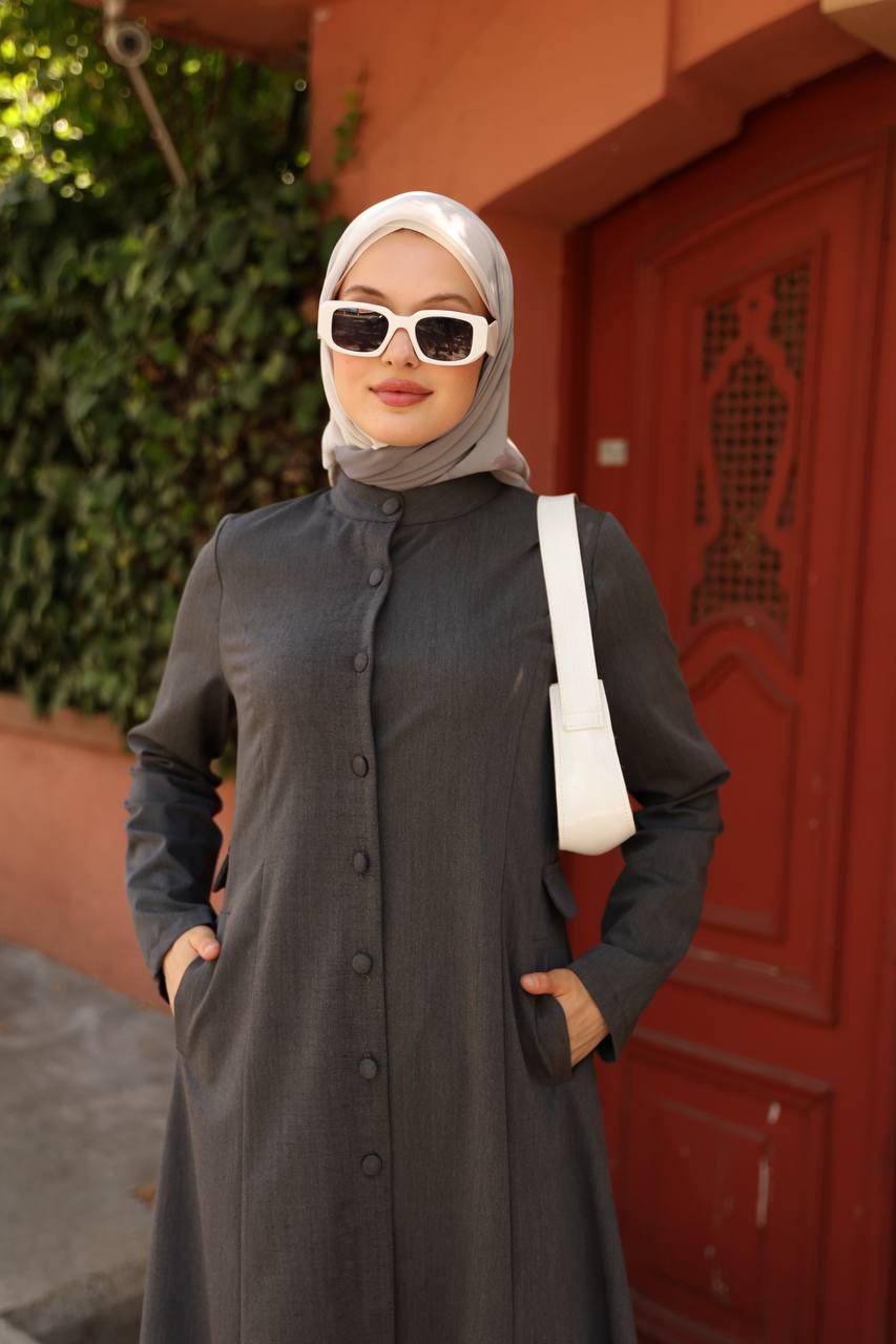 7010 Düğme ve Cep Detaylı Elbise - Koyu Gri