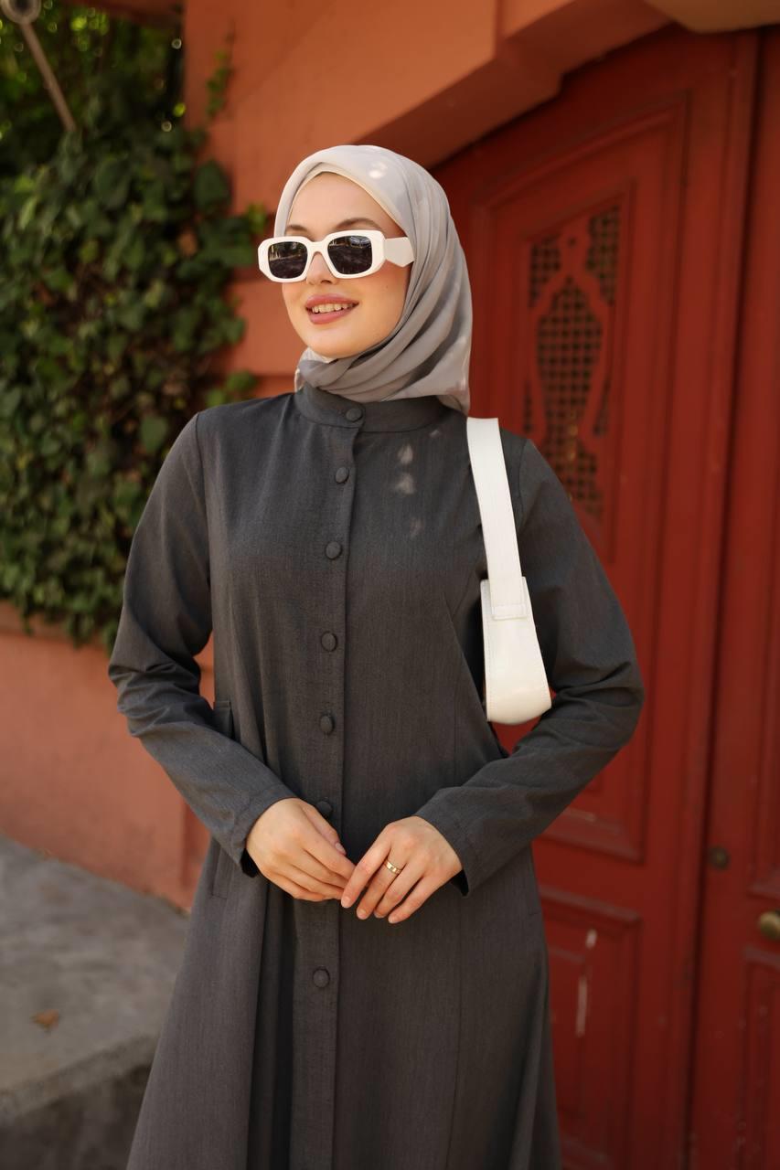 7010 Düğme ve Cep Detaylı Elbise - Koyu Gri