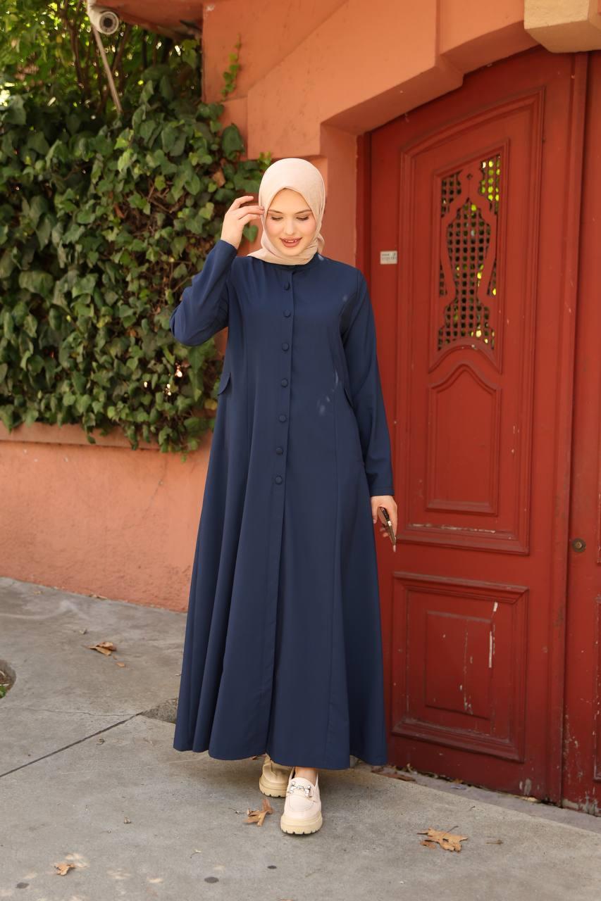 7010 Düğme ve Cep Detaylı Elbise - Lacivert 