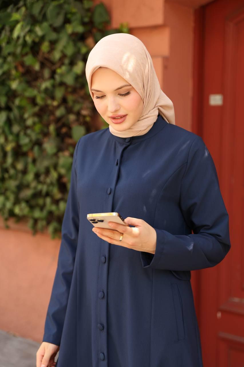 7010 Düğme ve Cep Detaylı Elbise - Lacivert 