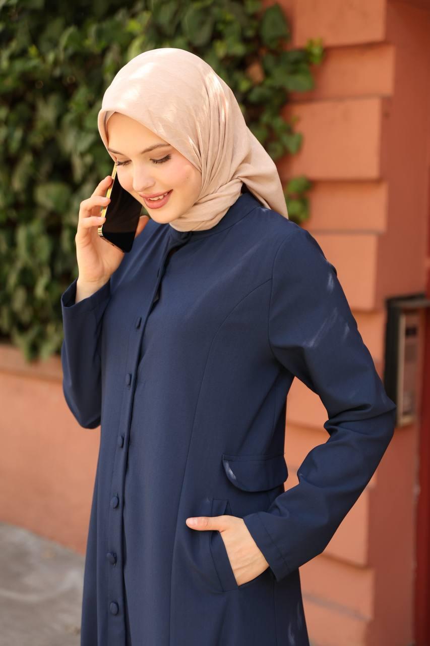 7010 Düğme ve Cep Detaylı Elbise - Lacivert 