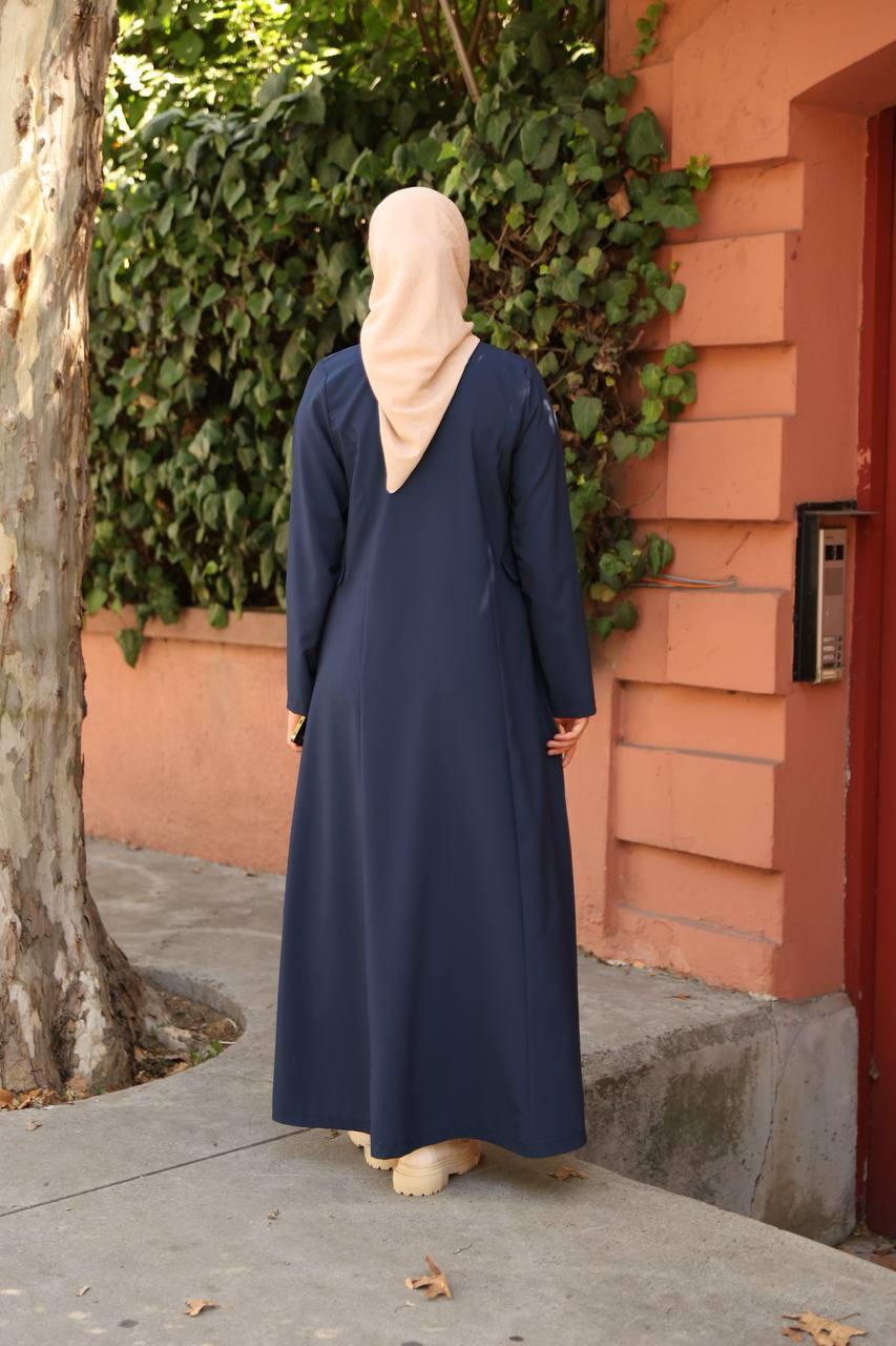 7010 Düğme ve Cep Detaylı Elbise - Lacivert 