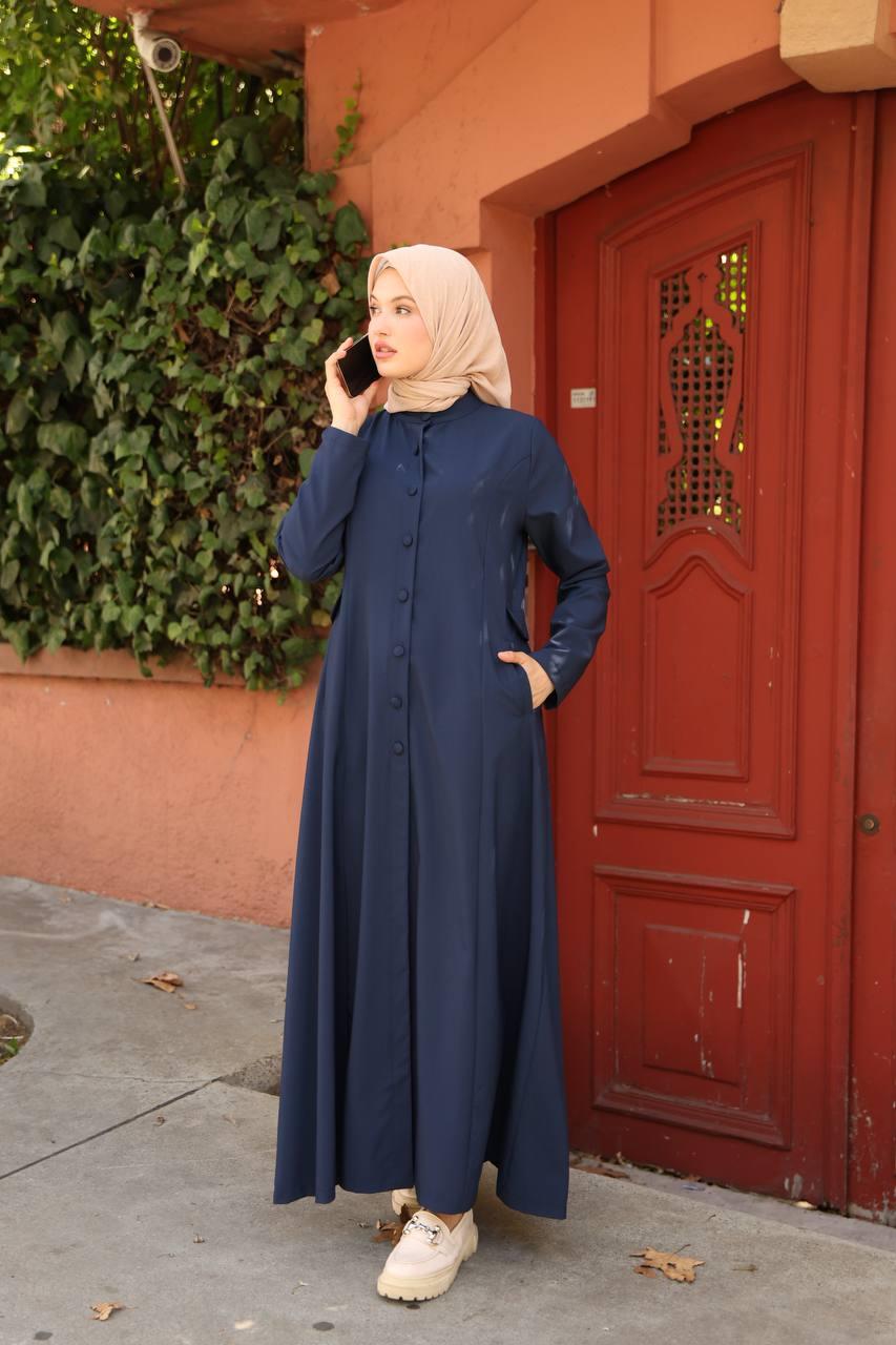 7010 Düğme ve Cep Detaylı Elbise - Lacivert 