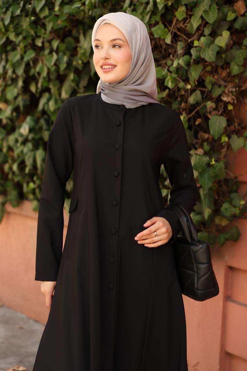 7010 Düğme ve Cep Detaylı Elbise - Siyah 