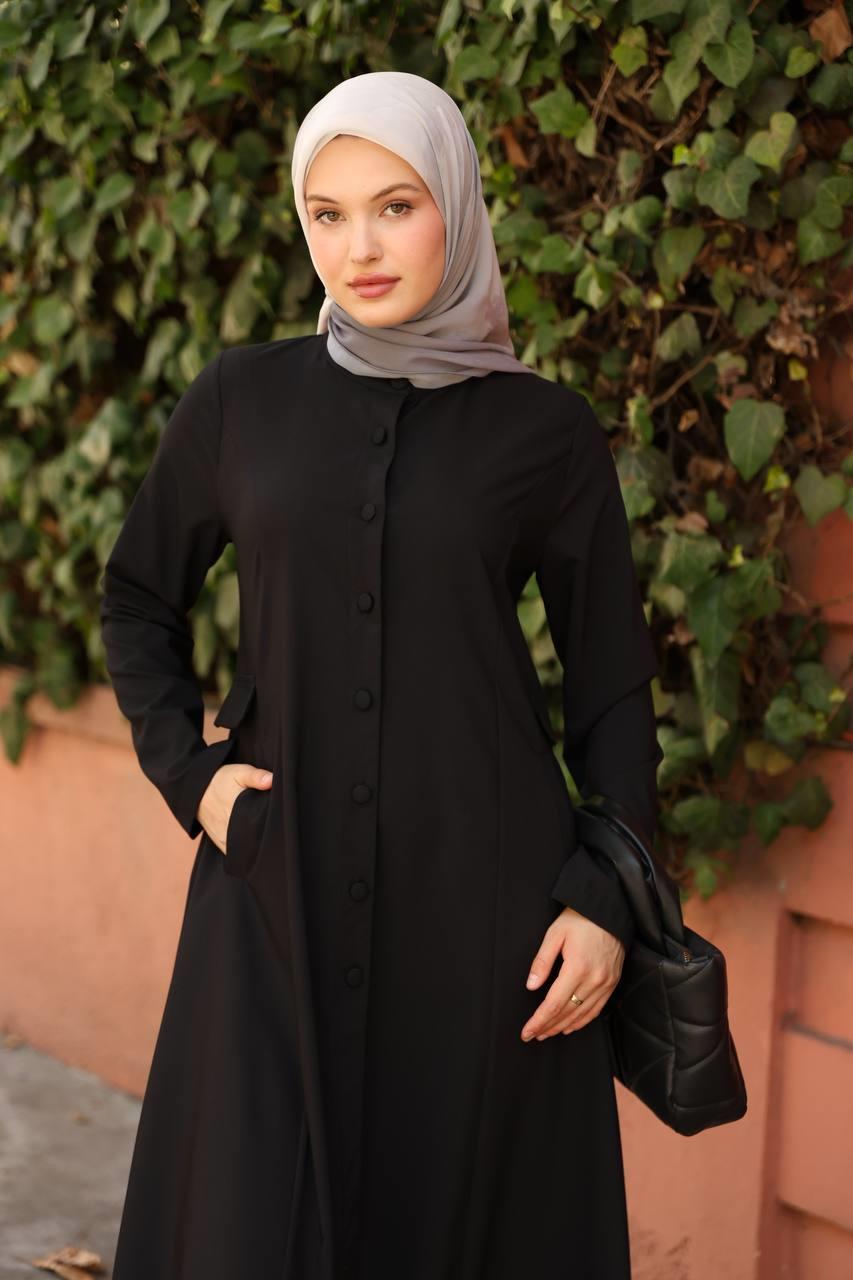 7010 Düğme ve Cep Detaylı Elbise - Siyah 