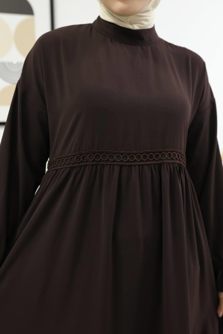 7017M Güpürlü Elbise - Kahverengi 