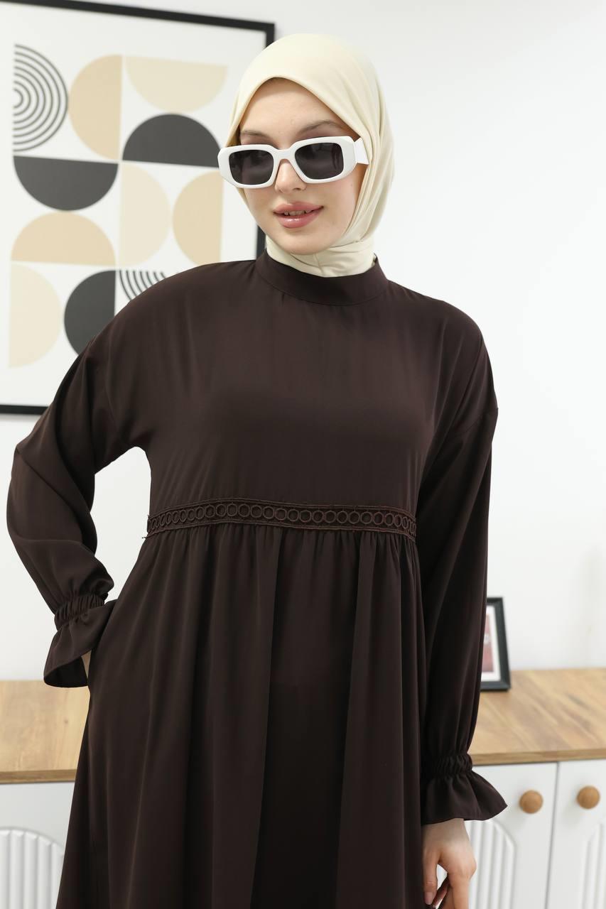 7017M Güpürlü Elbise - Kahverengi 