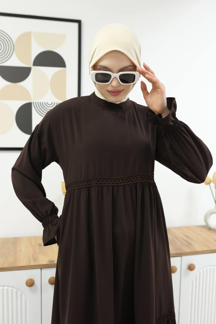 7017M Güpürlü Elbise - Kahverengi 