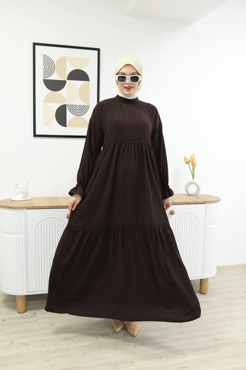 7017M Güpürlü Elbise - Kahverengi 