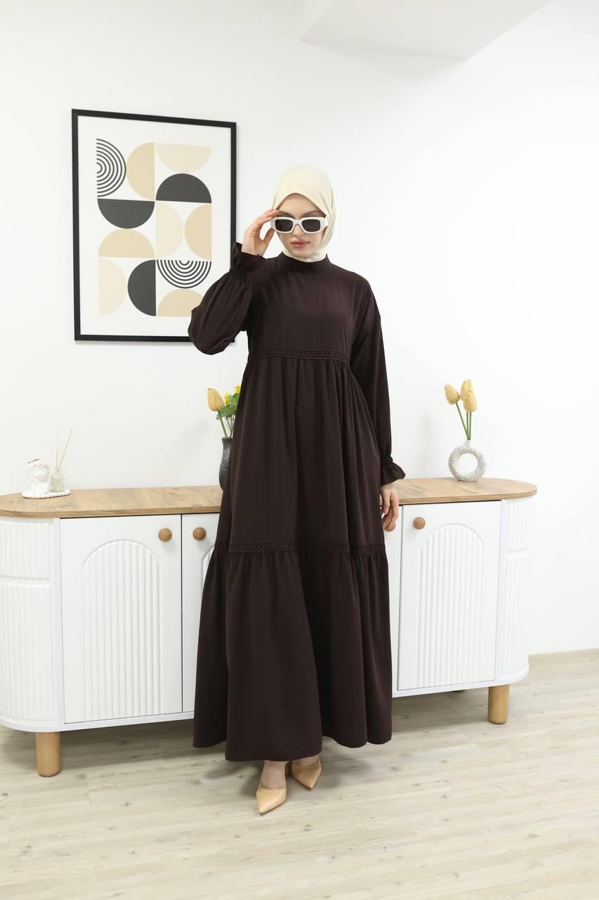 7017M Güpürlü Elbise - Kahverengi 