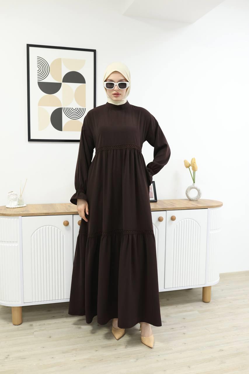 7017M Güpürlü Elbise - Kahverengi 