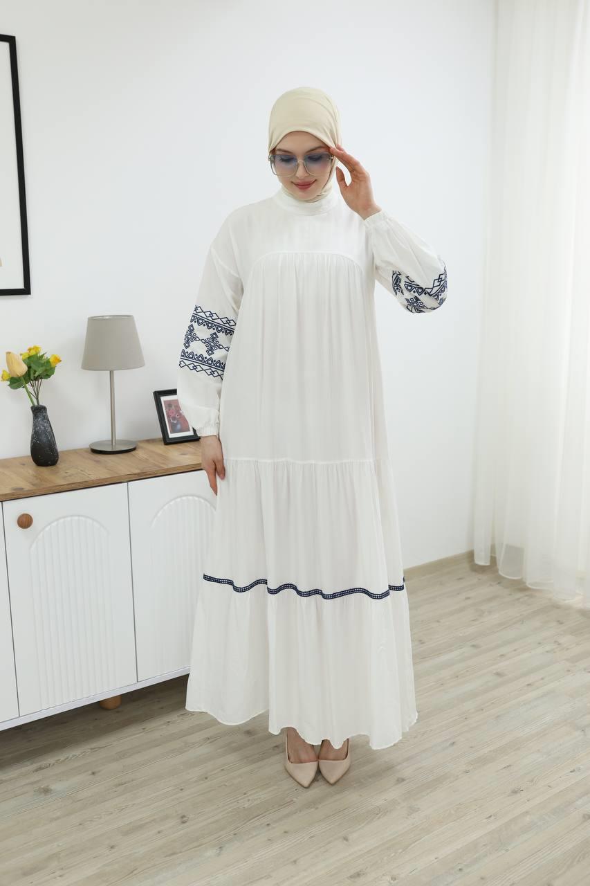 7021 İşleme Detaylı Elbise - Beyaz