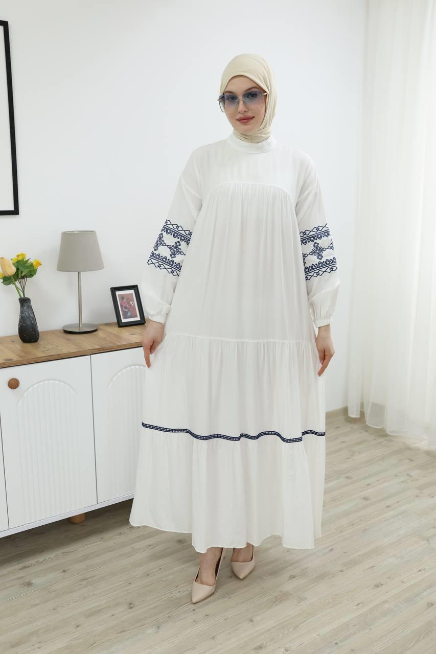 7021 İşleme Detaylı Elbise - Beyaz