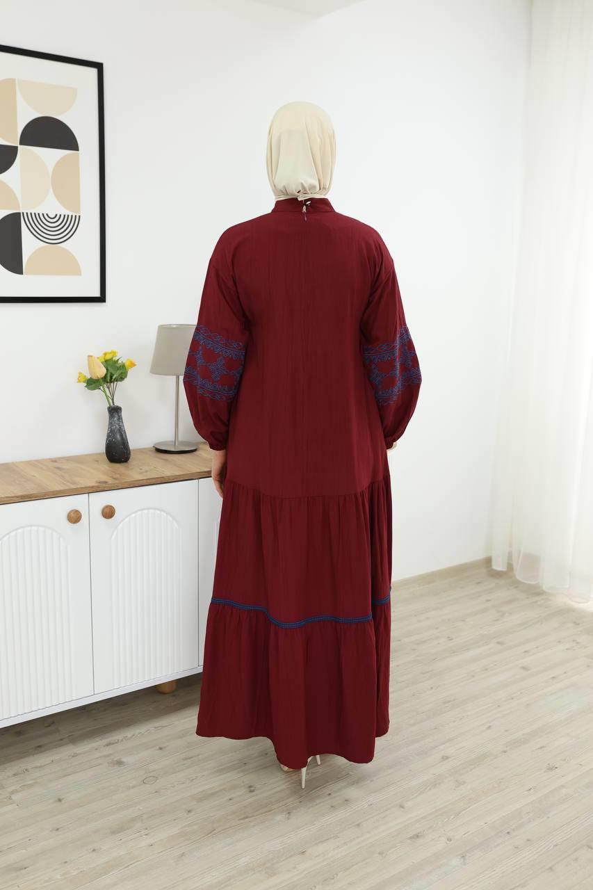 7021 İşleme Detaylı Elbise - Bordo