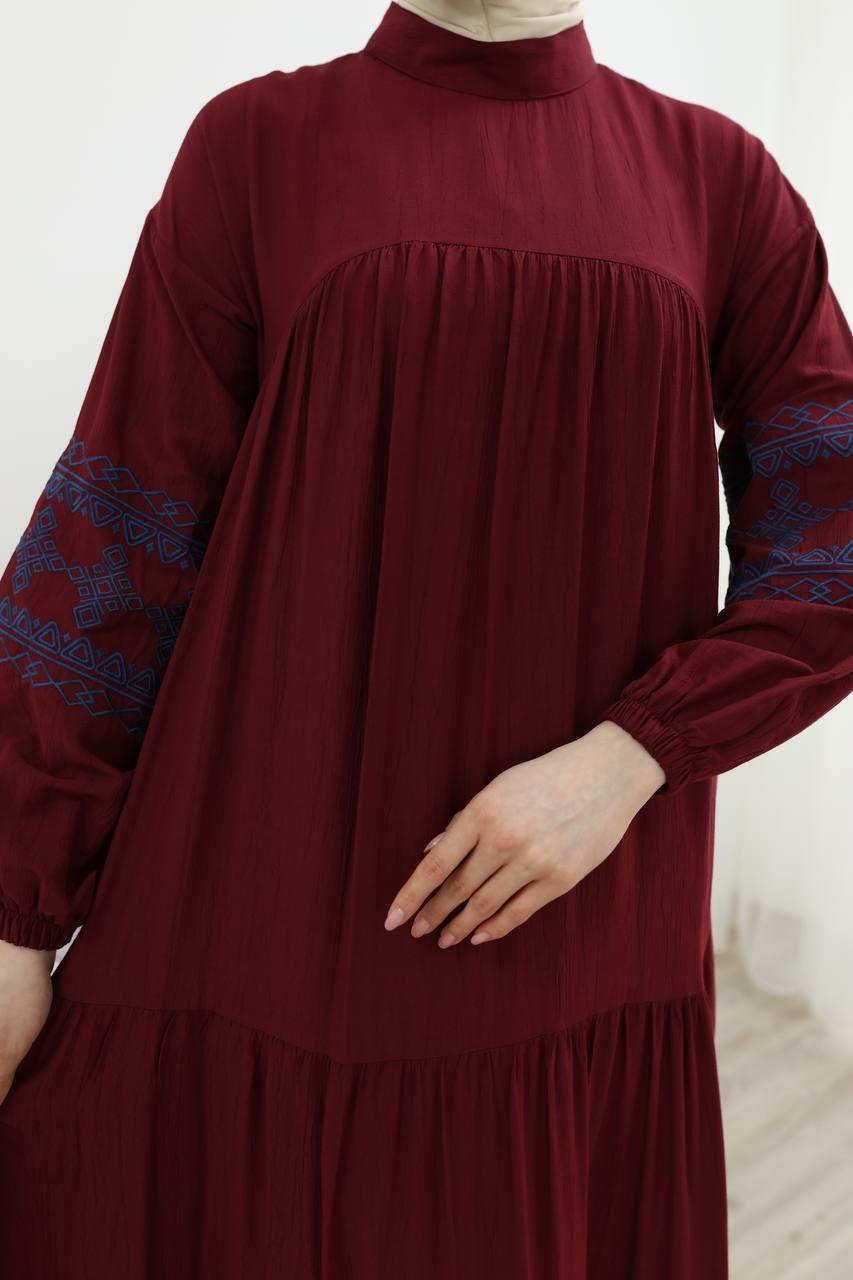 7021 İşleme Detaylı Elbise - Bordo