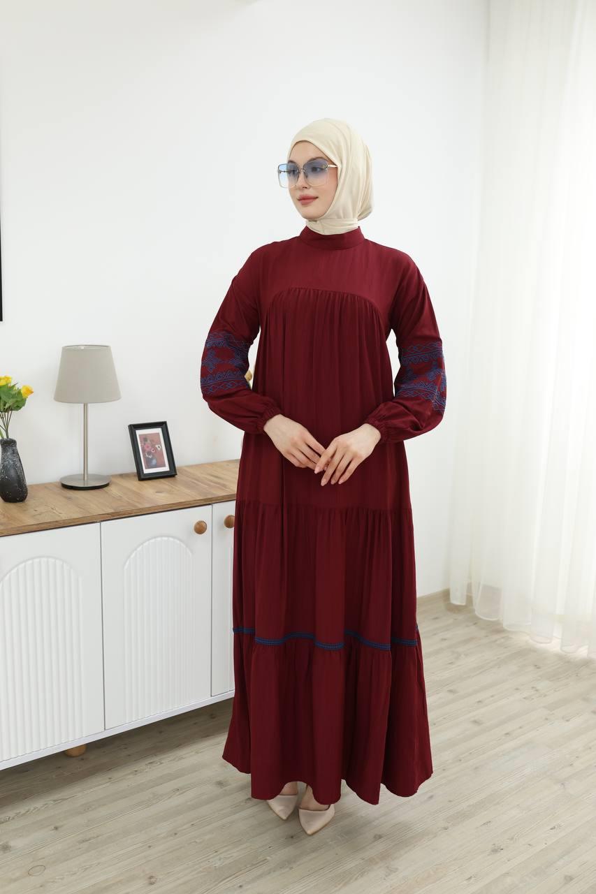 7021 İşleme Detaylı Elbise - Bordo