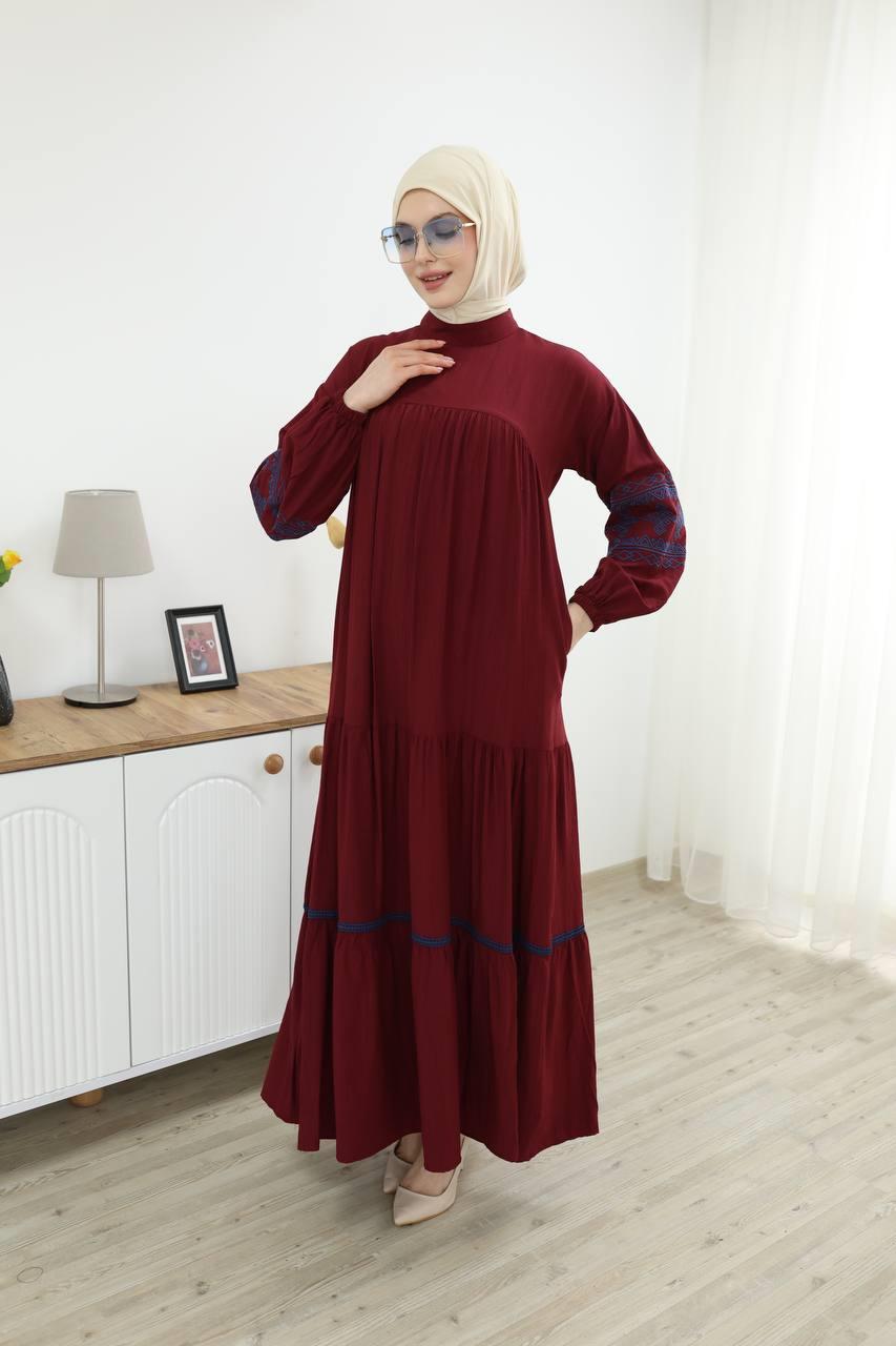 7021 İşleme Detaylı Elbise - Bordo