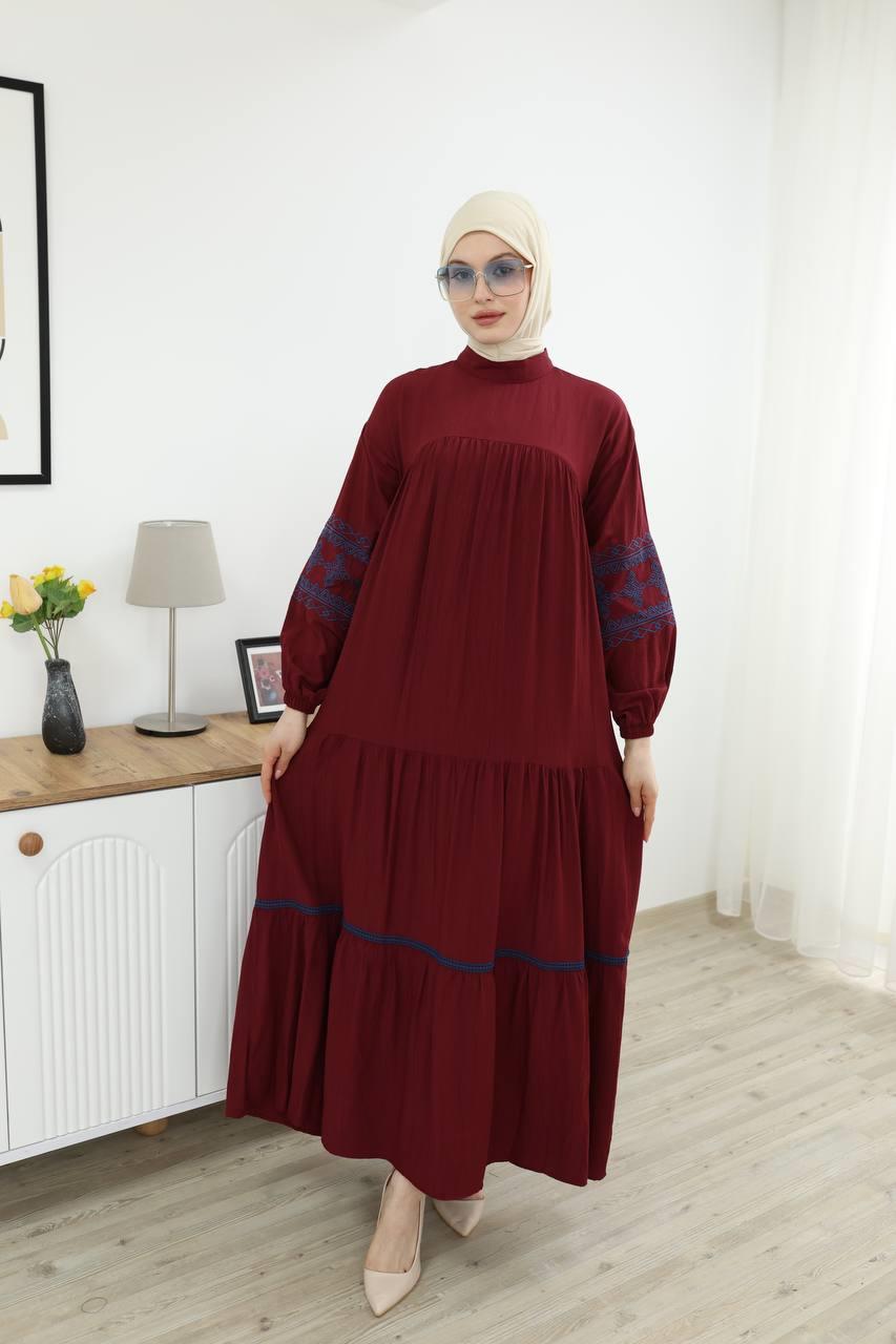 7021 İşleme Detaylı Elbise - Bordo