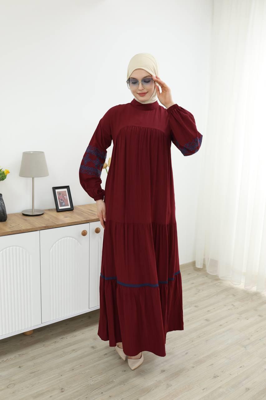 7021 İşleme Detaylı Elbise - Bordo