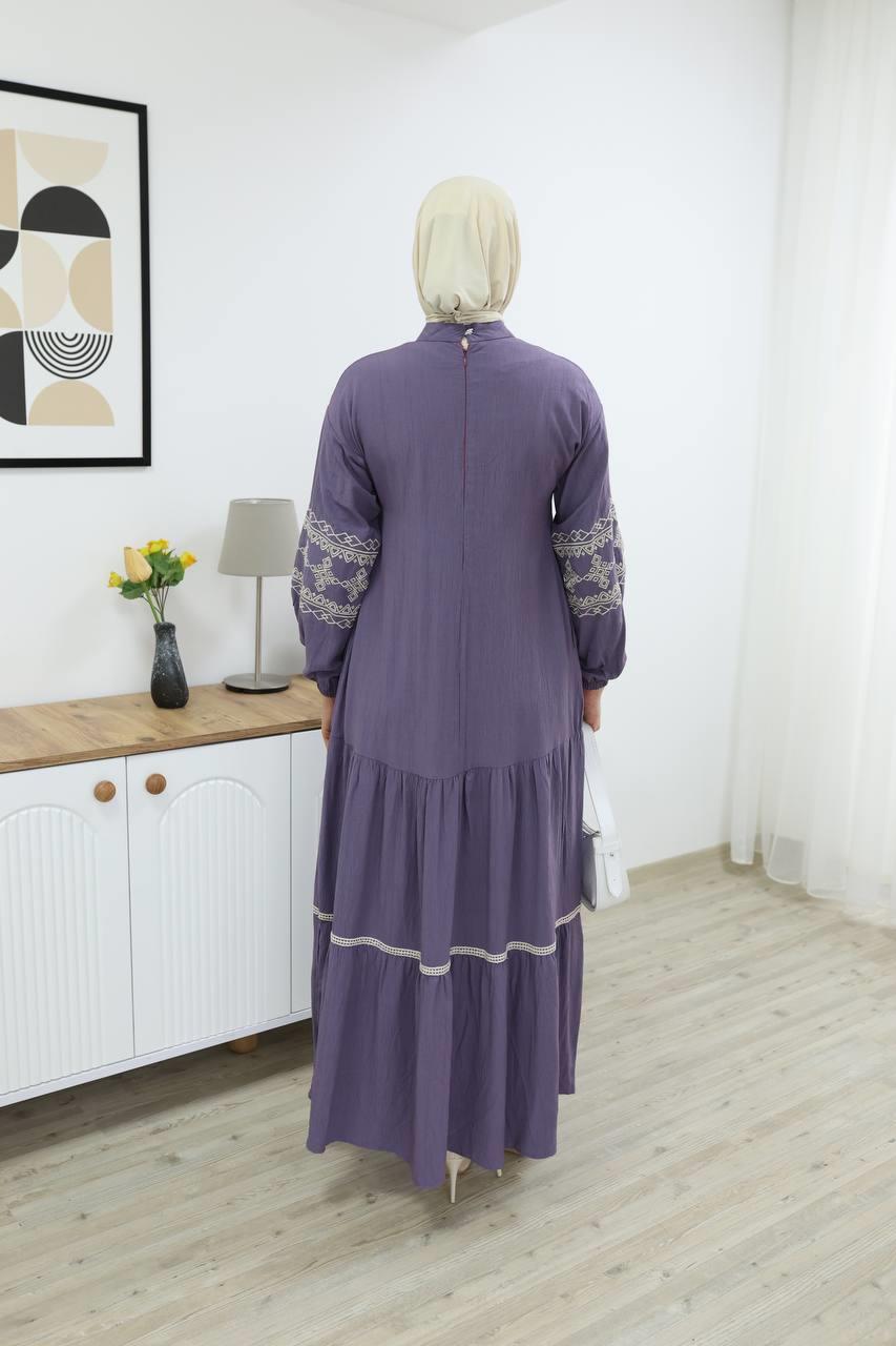7021 İşleme Detaylı Elbise - Lila