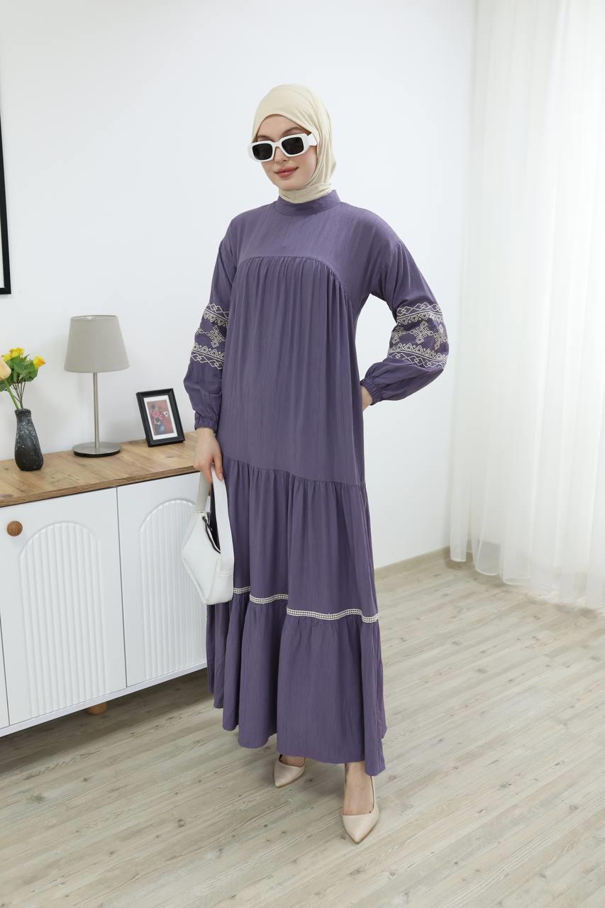 7021 İşleme Detaylı Elbise - Lila