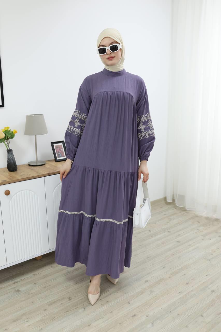 7021 İşleme Detaylı Elbise - Lila