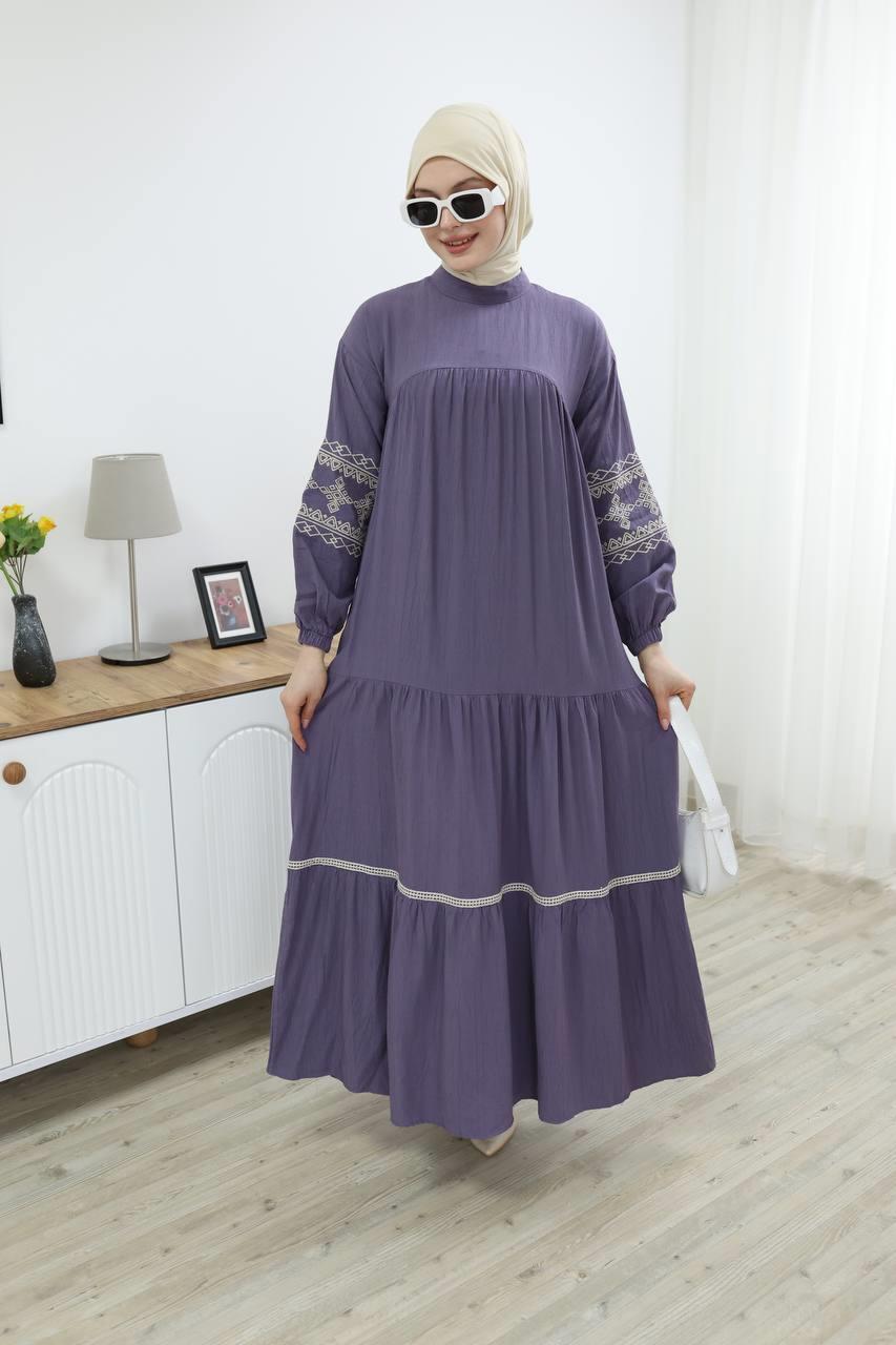 7021 İşleme Detaylı Elbise - Lila