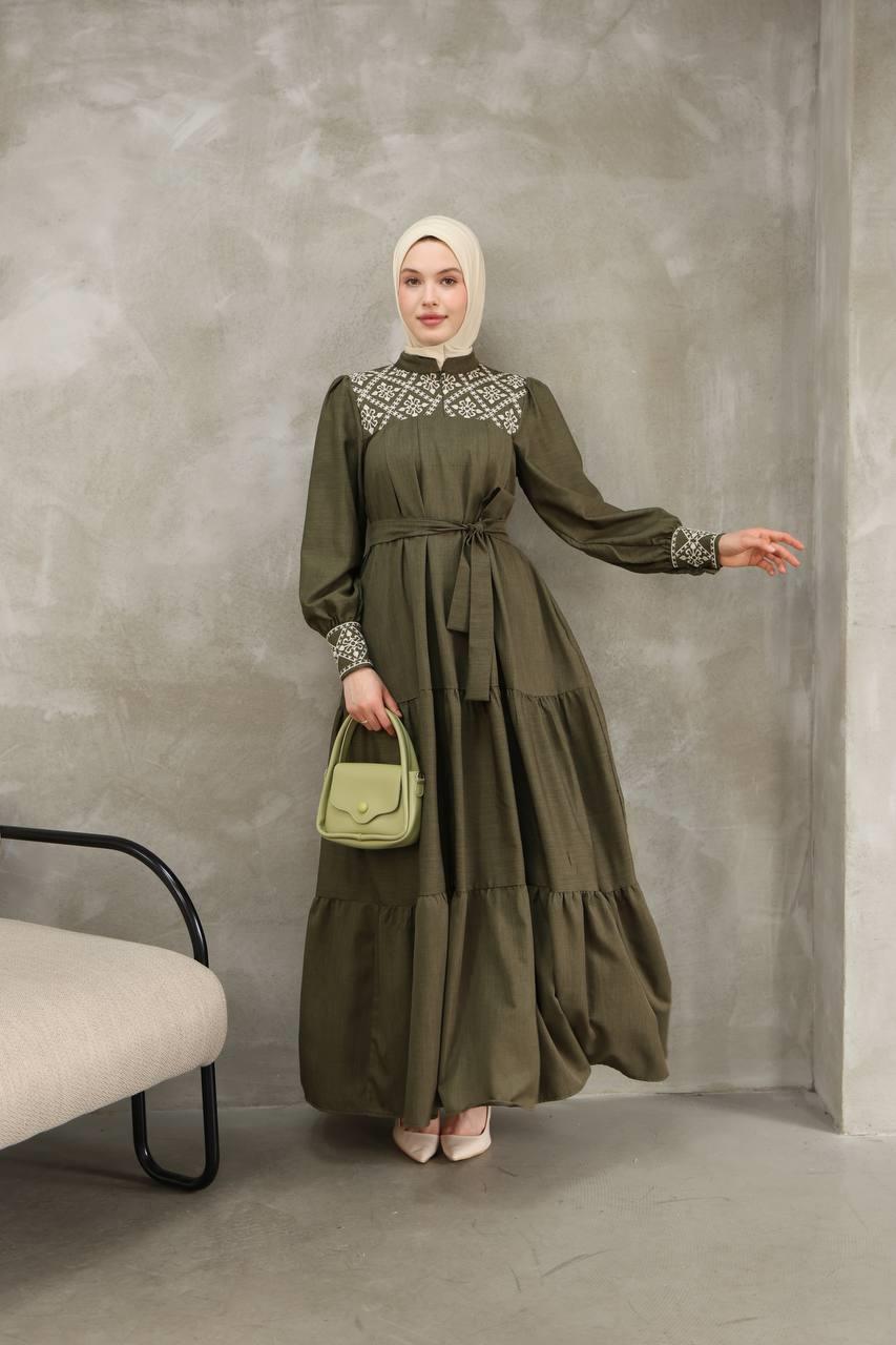 7032 Nakış Detaylı Elbise - Haki