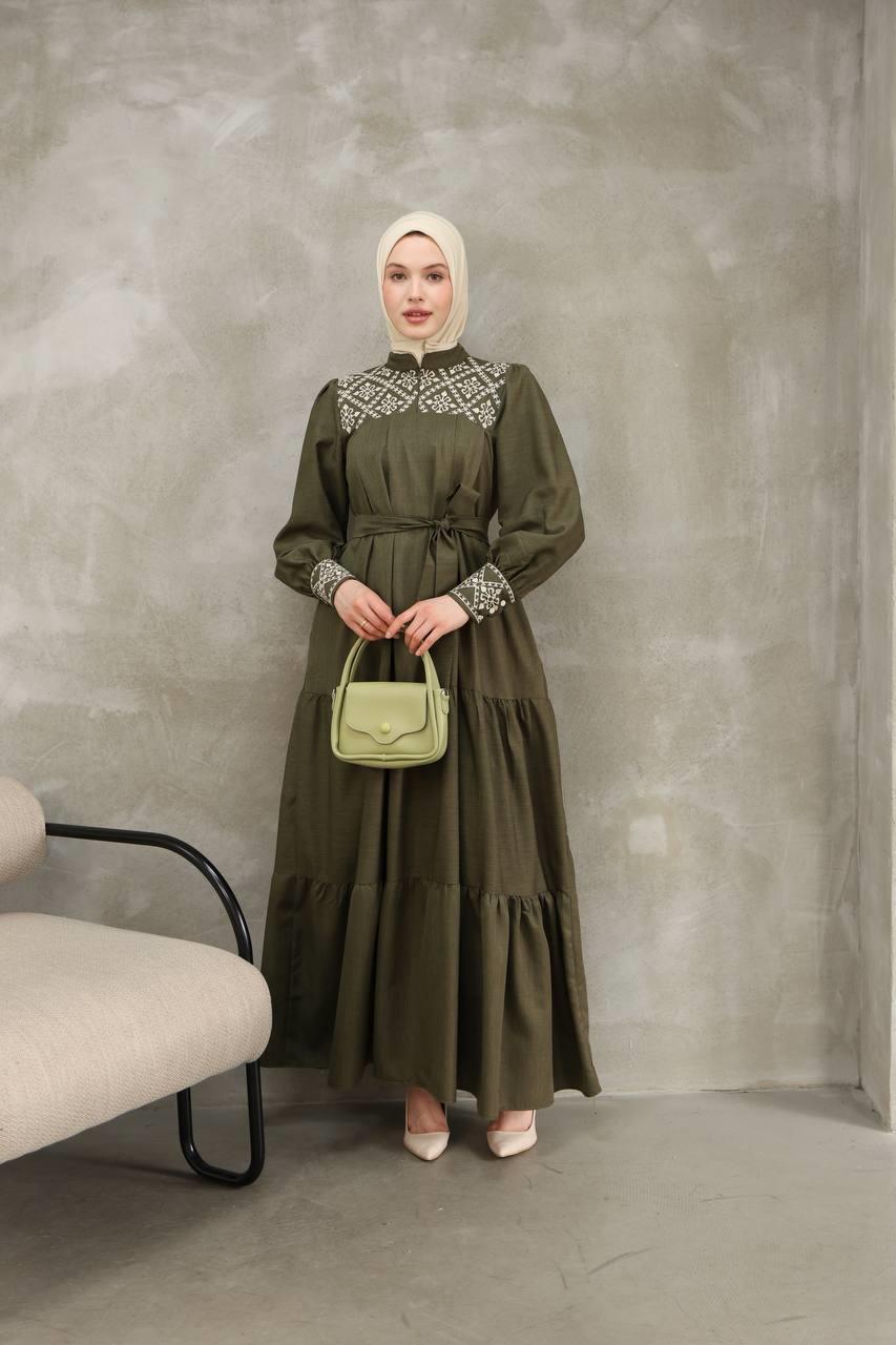 7032 Nakış Detaylı Elbise - Haki