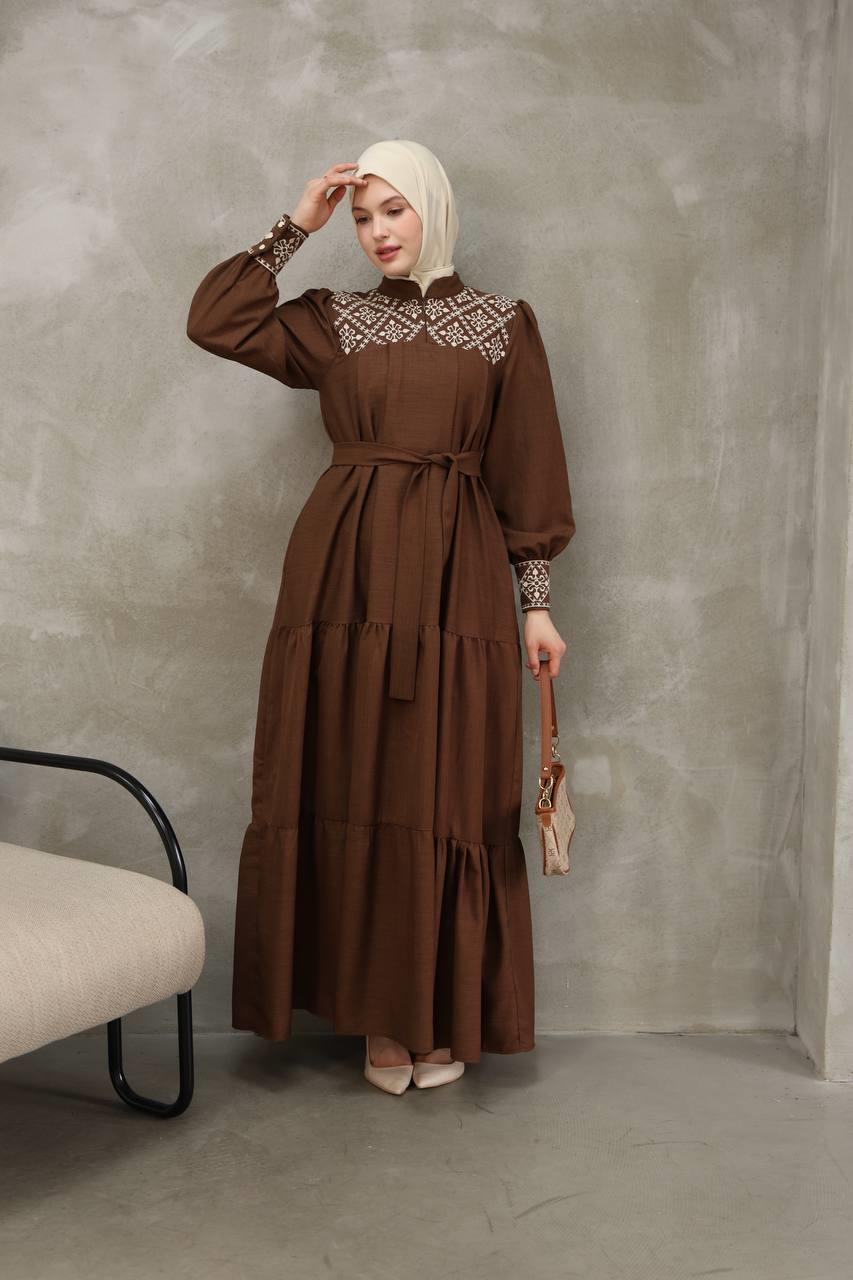7032 Nakış Detaylı Elbise - Kahverengi