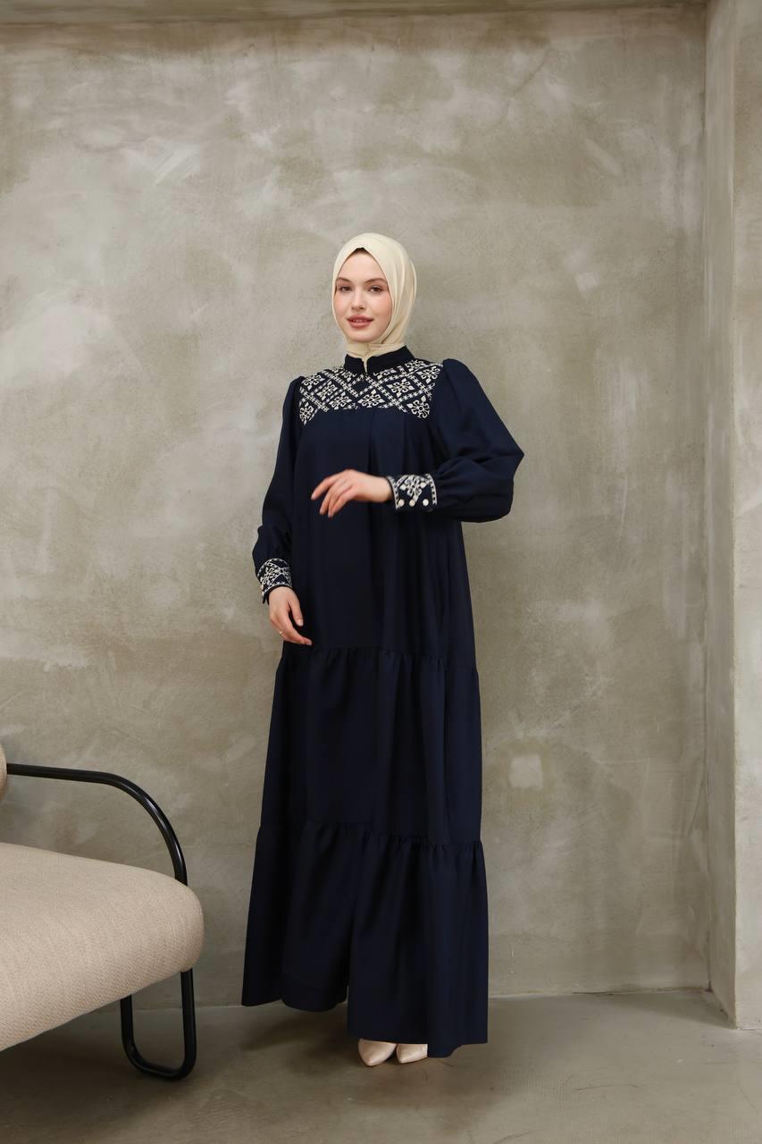 7032 Nakış Detaylı Elbise - Lacivert
