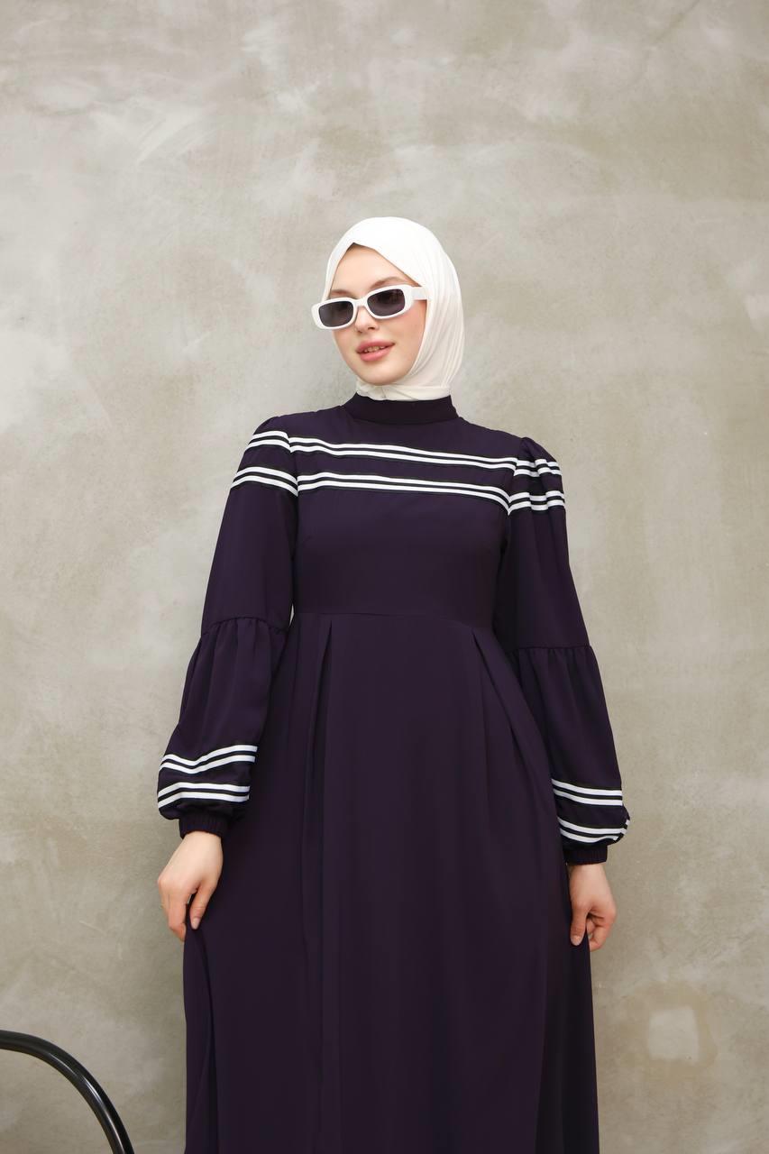7033 Çizgi Detaylı Elbise - Mürdüm