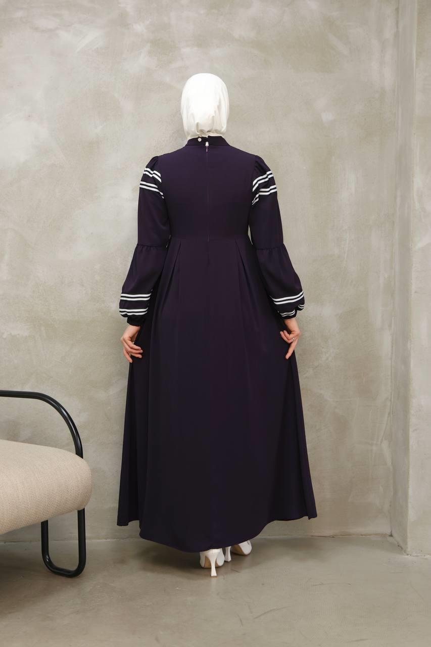 7033 Çizgi Detaylı Elbise - Mürdüm
