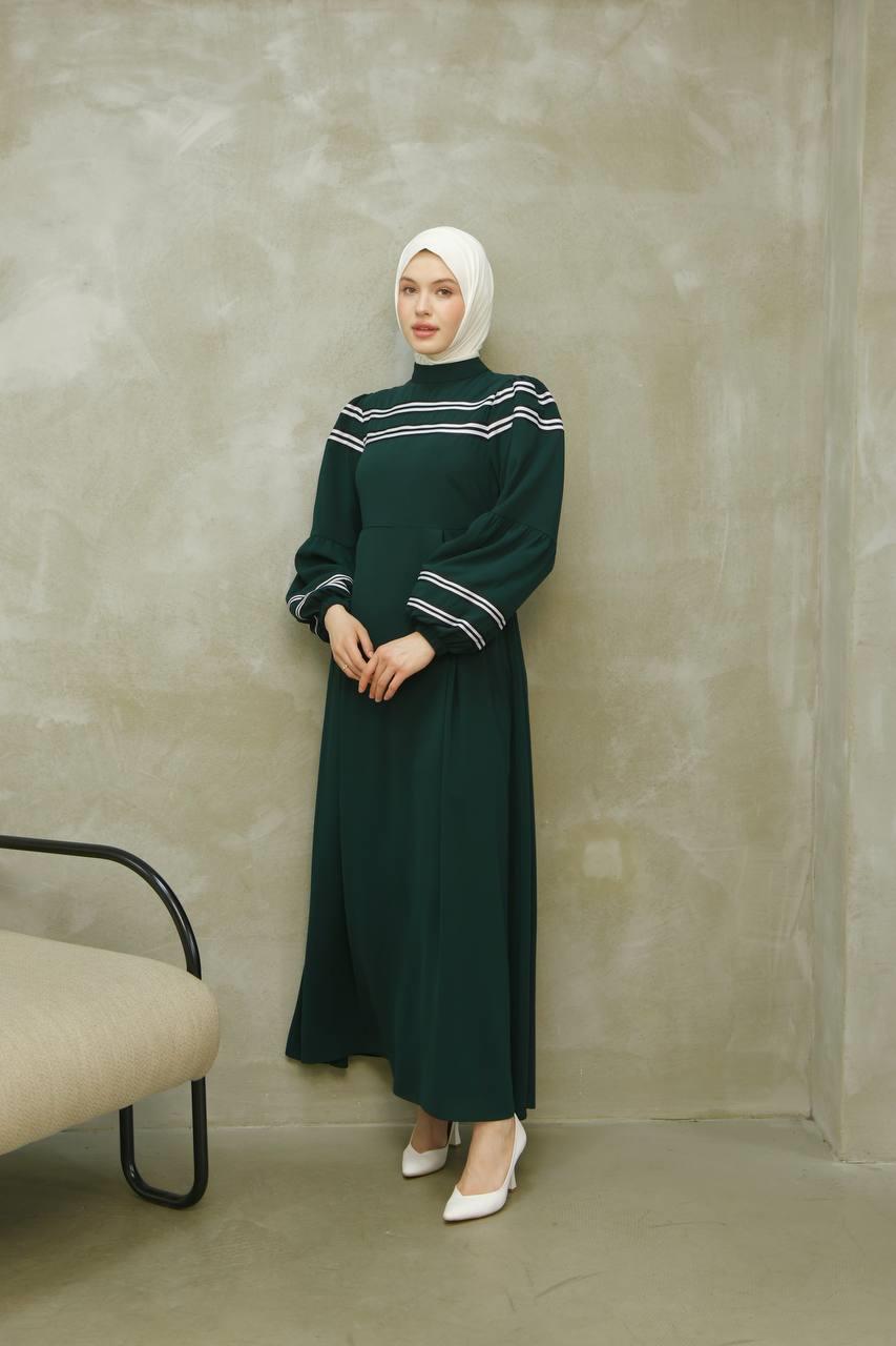 7033 Çizgi Detaylı Elbise - Yeşil